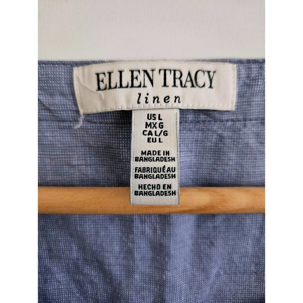 Ellen Tracy Linen Tank Top Large Blue Sleeveless Gold Tassel Zip Coastal Summer - Picture 3 of 6